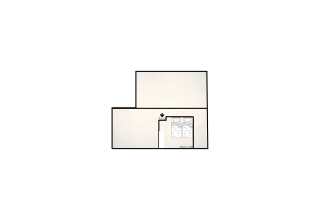 Foto van een kamerplattegrond in een lodge met de minimalistische opstelling van bedden en muren.