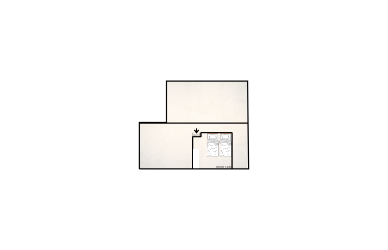 Foto de un plano de habitación en un lodge, mostrando ubicación de camas y paredes en estilo minimalista.