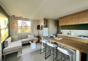 Modernes Glamping-Unterkunftsbild mit offenem Wohnbereich, Küche, Esstisch und großen Fenstern.