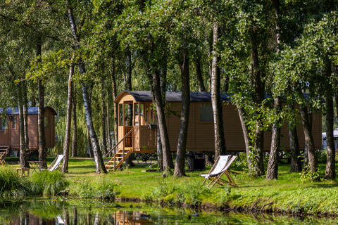 Roulotte Gipsy avec terrasse, située en forêt près d’un étang, entourée d’arbres et transats.