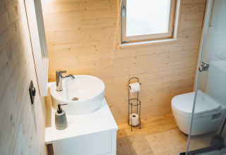 Lichte houten badkamer in een wagen met wastafel, toilet en douche bij Camping Papillon in België.