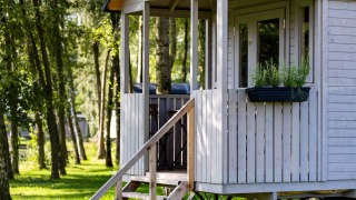 Gipsy wagon cabin with terrace in a sunlit forest, surrounded by trees and grass in serene nature.