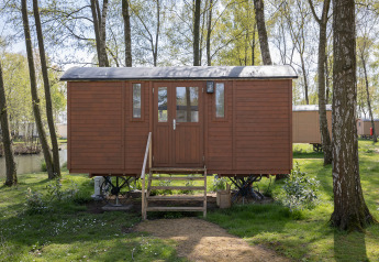 Piccola cabina marrone su ruote chiamata Pipowagen al Camping Papillon in Belgio, tra gli alberi.