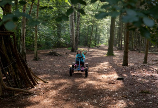 Twee kinderen rijden met een trapkar over een bospad bij Feather Down Het Wesselink in Salland, Overijssel.