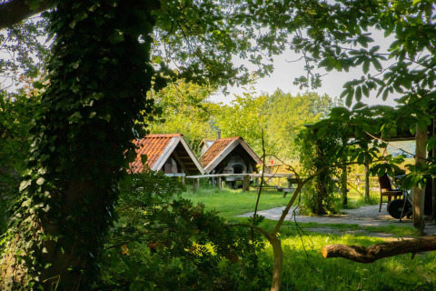 Vista del parco vacanze Feather Down Het Wesselink a Salland, Overijssel, Paesi Bassi, immerso nel verde.