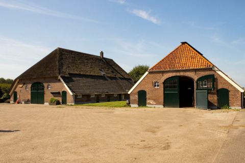 Zwei traditionelle Scheunen mit Strohdach und Ziegeln bei sonnigem Wetter im Feather Down Het Wesselink, Salland.