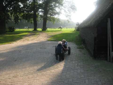 Due bambini giocano con un go-kart nel cortile di Feather Down Het Wesselink a Salland, Paesi Bassi.