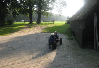 Due bambini giocano con un go-kart nel cortile di Feather Down Het Wesselink a Salland, Paesi Bassi.