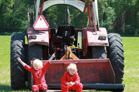 Due bambini in tuta rossa seduti davanti a un trattore rosso su un prato verde soleggiato a Overijssel.