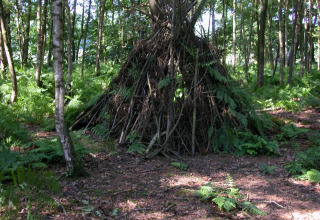Schuilhut van takken in een bos bij Feather Down Het Wesselink in Salland, Overijssel, Nederland.