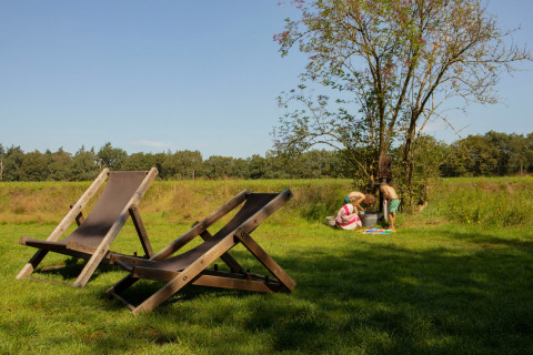 Relaxing summer day at Feather Down Het Wesselink with deck chairs and children playing under a tree.