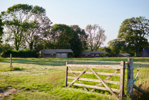 Feather Down Mount Pleasant holiday park in South West England, showing wooden gate, field and lodges.