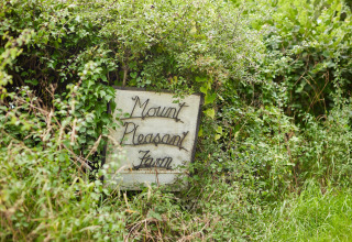 Et håndmalet skilt til Mount Pleasant Farm skjult blandt grønne buske, taget ved Feather Down Mount Pleasant.
