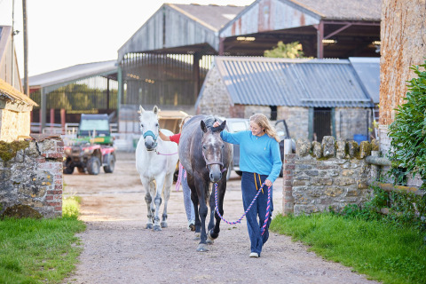 Vrouw begeleidt twee paarden op Feather Down Mount Pleasant, een vakantiepark in Zuidwest-Engeland, VK.