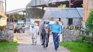 Vrouw begeleidt twee paarden op Feather Down Mount Pleasant, een vakantiepark in Zuidwest-Engeland, VK.