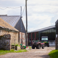 Boerderijgebouwen en voertuigen op Feather Down Mount Pleasant vakantiepark in Zuidwest-Engeland, VK.