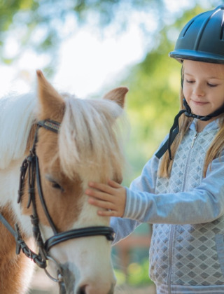 Pige med ridehjelm klapper en pony i solen på feriepark med glampingindkvartering i Danmark.