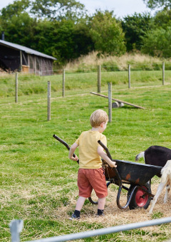 Un enfant nourrit des chèvres au parc de vacances Feather Down East Shilvinghampton, dans le sud-ouest de l’Angleterre.