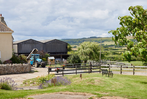 Vista del parque vacacional Feather Down East Shilvinghampton con tractor, graneros y colinas verdes.