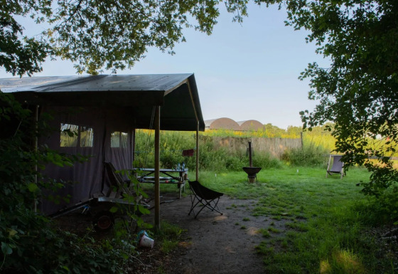 Tienda tipo safari en un campamento verde al aire libre con sillas, fogata y mesa rodeada de naturaleza.
