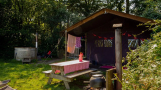 Tente safari au Het Wesselink à Salland, Pays-Bas, avec douche privée extérieure et bain chaud.