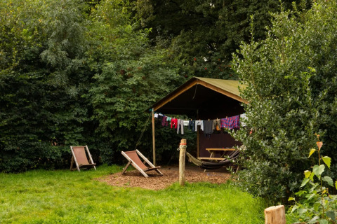 Tienda safari en el bosque con tendedero de ropa, dos tumbonas, hamaca y mesa de picnic afuera.