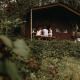 En familie sidder ved et picnicbord foran et safaritelt omgivet af grøn vegetation om sommeren.