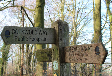 Træskilt til Cotswold Way Public Footpath nær Malvern i West Midlands, omringet af skovbevoksning.
