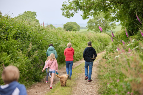 Familie mit Kindern und Hund spaziert auf einem Naturweg bei Feather Down Gwel Teg Farm in Südwestengland.