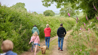 Familia con niños y un perro paseando por un sendero natural en Feather Down Gwel Teg Farm, Inglaterra.