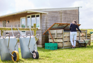 Person collecting firewood at a shed on Feather Down Gwel Teg Farm holiday park in South West England.