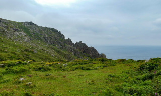 Paisaje costero verde cerca de Looe, en el suroeste de Inglaterra, con colinas rocosas y el mar.