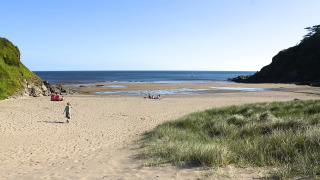 Vista de playa arenosa en un parque vacacional con dunas, ideal para glamping y descanso costero.