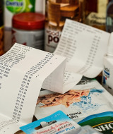 Comestibles y recibos se muestran en una mesa, representando compras y administración del hogar.