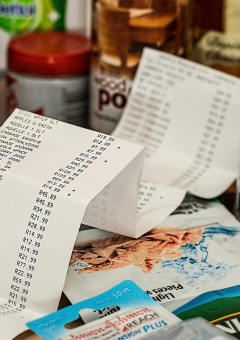 Des articles d'épicerie et des reçus sont posés sur une table, illustrant les achats et le budget familial.