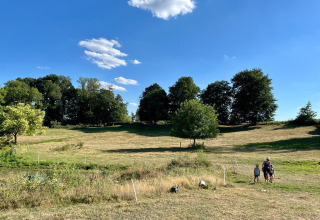 Gezin wandelt in een zonnige weide met bomen op de achtergrond bij Feather Down La Ferme de Fontenille, Spanje.