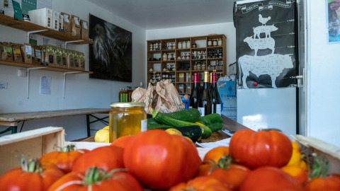 Verse groenten, wijn en lokale producten in een winkel op Feather Down La Ferme de Fontenille, Canarische Eilanden.