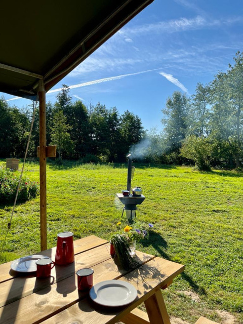 Picknicktafel met rood serviesgoed, bloemen en uitzicht op groene grasmat en bomen in de zon.