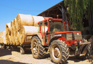 Traktor trækker vogn med runde halmballer foran lade på La Ferme de Fontenille feriepark, Canary Islands.