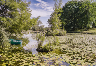 Ein Teich mit Seerosen und grünes Ruderboot im Feather Down La Ferme de Fontenille Ferienpark.