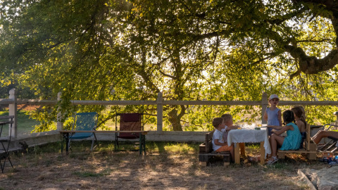 Bambini seduti intorno a un tavolo sotto un albero a Feather Down La Ferme de Fontenille, Spagna.