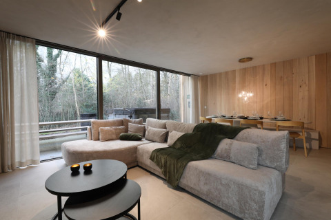 Moderna cabaña con jacuzzi en Woodz Lodges, Bélgica; sala espaciosa, sofá, mesa de comedor y vista al bosque.