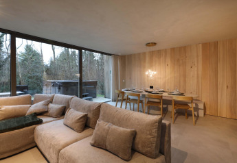Stue og spisestue i Lodge med Jacuzzi ved Woodz Lodges i Belgien med udsigt til skoven gennem store vinduer.