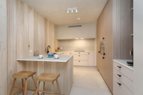 Modern kitchen with wooden panels, breakfast bar, and minimalist decor at Lodge with Jacuzzi at Woodz Lodges in Belgium.