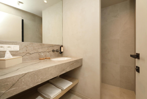 Baño moderno de lodge con encimera de piedra, gran espejo, toallas limpias y ducha abierta.