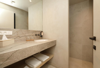 Baño moderno de lodge con encimera de piedra, gran espejo, toallas limpias y ducha abierta.