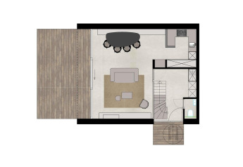 Plattegrond van een lodge met open keuken, eetruimte, zitkamer, badkamer en twee buitenterrassen.