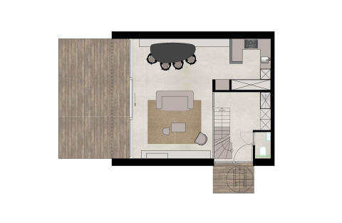 Plan d'une cabane avec cuisine ouverte, coin repas, salon, salle de bain et deux terrasses extérieures.
