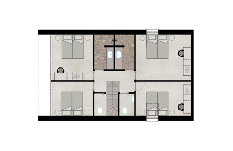Plano de una planta de lodge con cuatro habitaciones, dos baños y una escalera central.