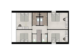Plano de una planta de lodge con cuatro habitaciones, dos baños y una escalera central.